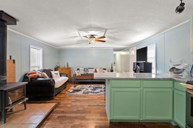635 Lore Lake Rd, Kalispell, MT 59901 - kitchen featuring wood finished floors, a wood stove, vaulted ceiling, a healthy amount of sunlight, and green cabinetry