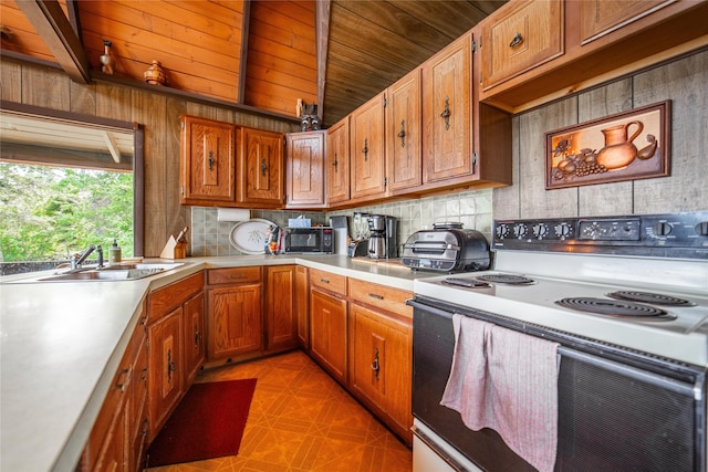 kitchen with light tile patterned floors, backsplash, electric stove, wooden ceiling, and sink