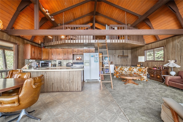 interior space with wooden ceiling, wooden walls, high vaulted ceiling, beamed ceiling, and light carpet