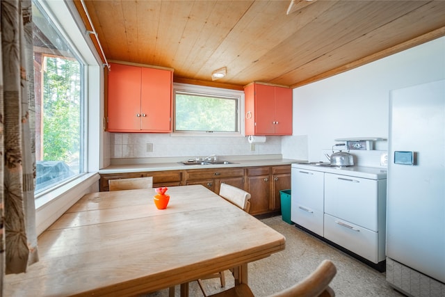 kitchen featuring decorative backsplash, plenty of natural light, and wood ceiling