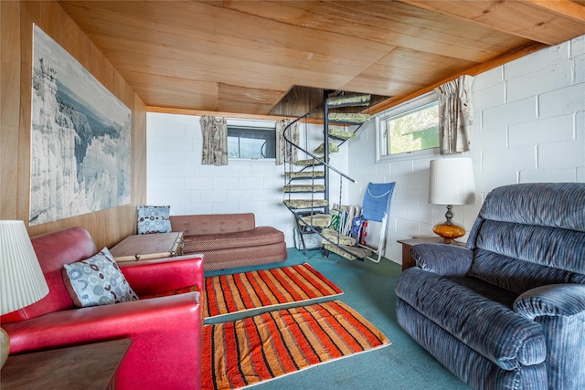 living room with wooden ceiling