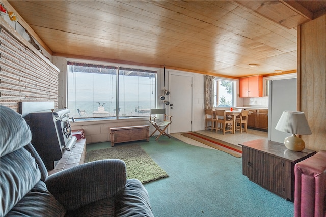 living room with carpet flooring and wooden ceiling