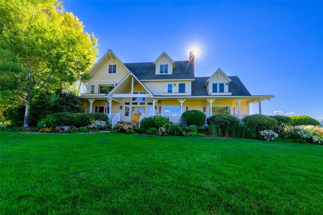 view of front of home featuring covered porch and a front yard