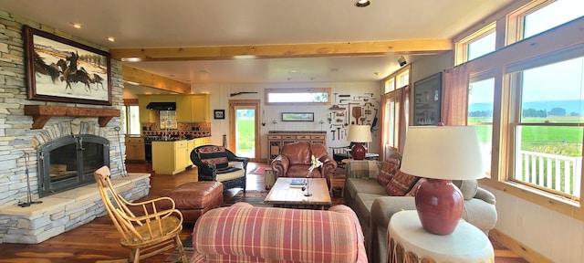 living room featuring a fireplace, beamed ceiling, a healthy amount of sunlight, and hardwood / wood-style floors