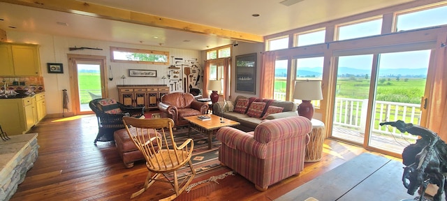 living room featuring hardwood / wood-style floors and beam ceiling