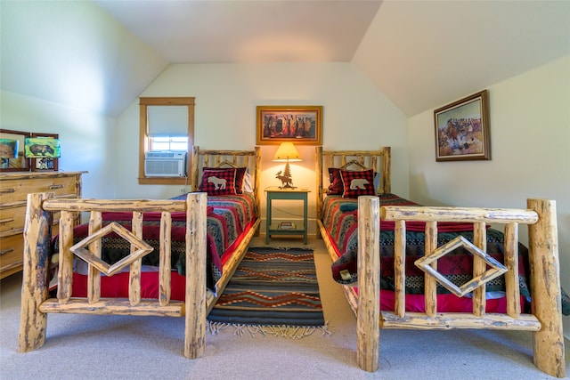 carpeted bedroom featuring cooling unit and vaulted ceiling