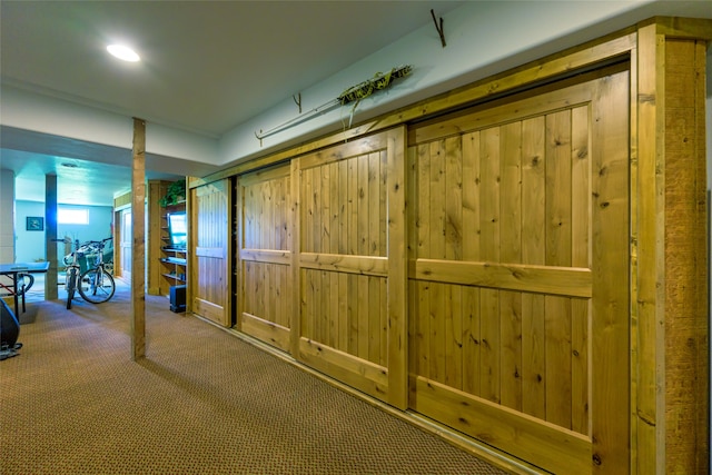 interior space featuring wood walls and carpet floors