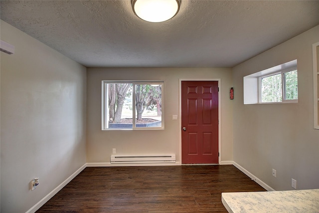 foyer featuring a baseboard heating unit, dark wood finished floors, and a healthy amount of sunlight