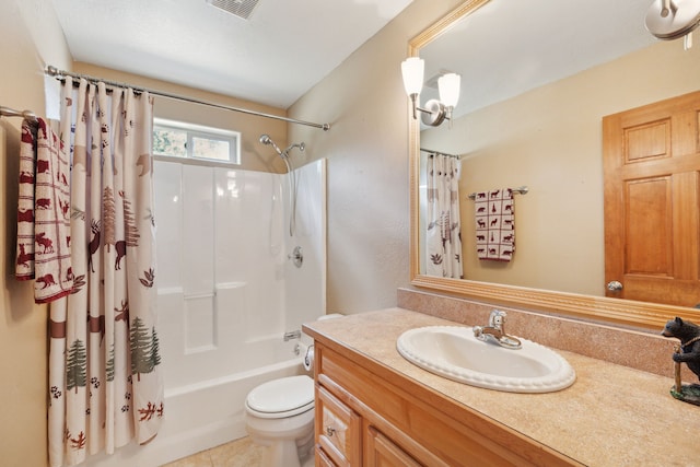 full bathroom featuring tile patterned floors, shower / bathtub combination with curtain, toilet, and vanity