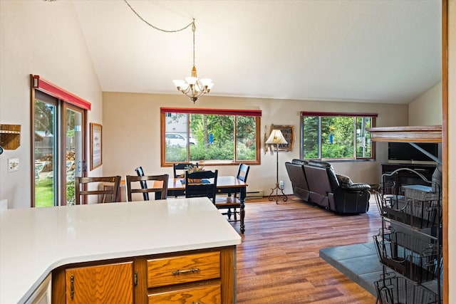 159 Sylvan Dr, Bigfork, MT 59911 - dining area featuring lofted ceiling, a chandelier, and wood finished floors