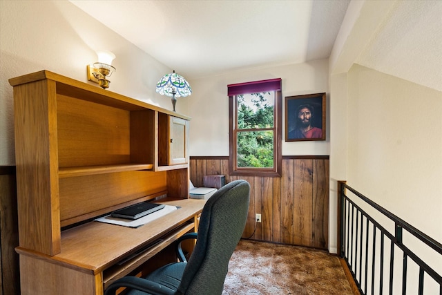 159 Sylvan Dr, Bigfork, MT 59911 - carpeted home office featuring wainscoting and wood walls