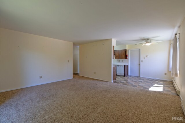 unfurnished living room featuring ceiling fan, light colored carpet, and a baseboard radiator