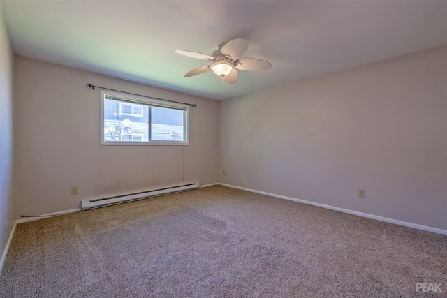 empty room featuring ceiling fan, a baseboard radiator, and carpet