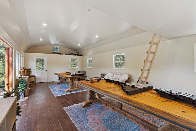 office space with recessed lighting, vaulted ceiling, and dark wood-type flooring