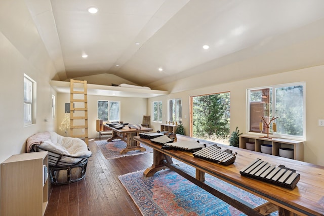 office space with wood finished floors, recessed lighting, and vaulted ceiling