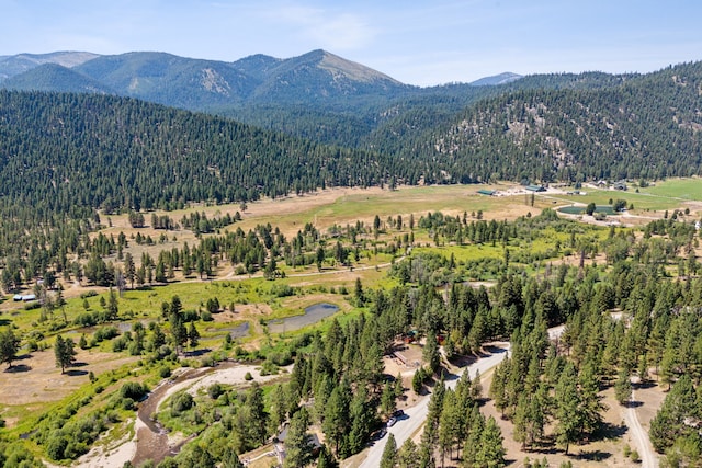 aerial view featuring a view of trees and a mountain view