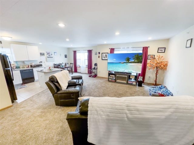 living room featuring light colored carpet