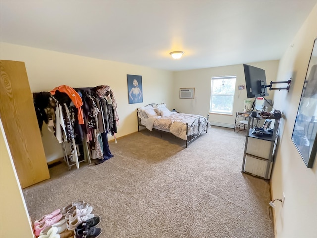 carpeted bedroom featuring a wall unit AC