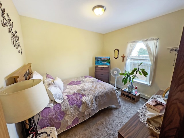 bedroom with dark colored carpet