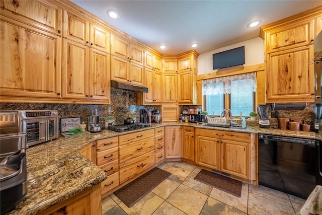 kitchen featuring dark stone counters, black dishwasher, sink, backsplash, and light tile patterned floors