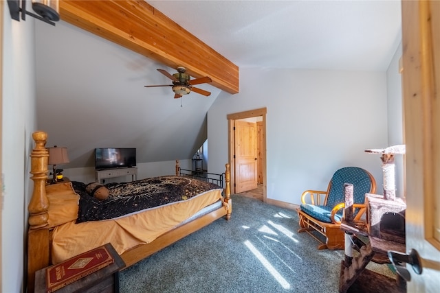 bedroom featuring ceiling fan, lofted ceiling with beams, and carpet