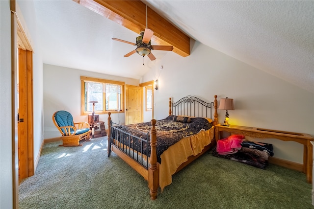 bedroom with ceiling fan, a textured ceiling, carpet floors, and lofted ceiling with beams