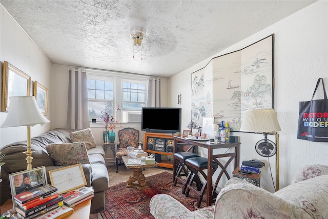 living room with a textured ceiling