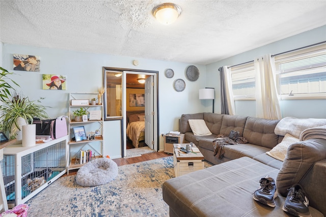 living room featuring light hardwood / wood-style flooring and a textured ceiling