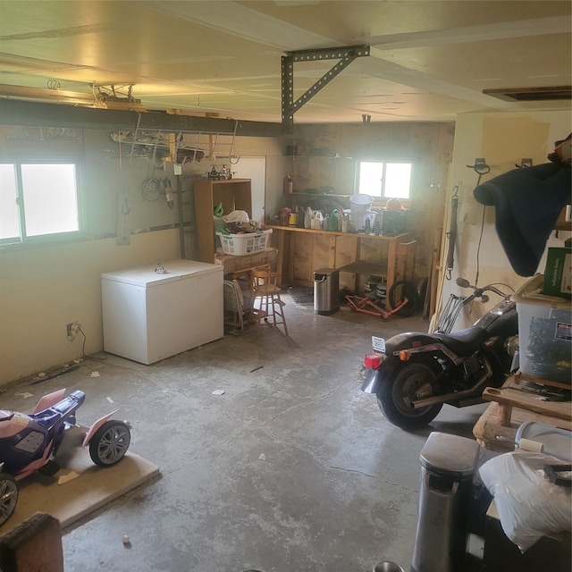 basement featuring plenty of natural light and a workshop area