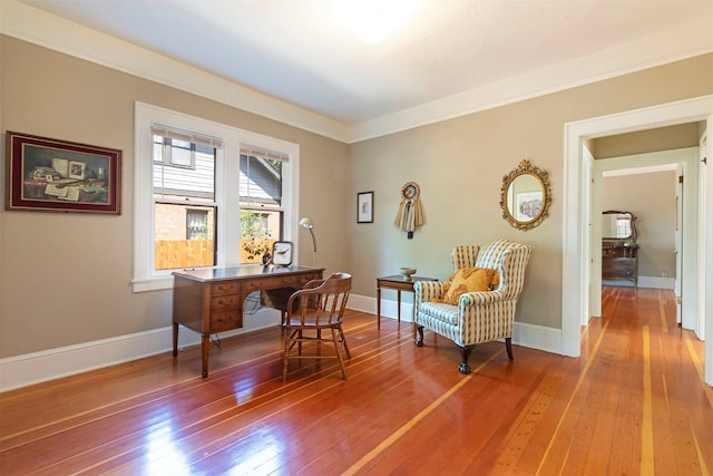 office featuring ornamental molding and wood-type flooring