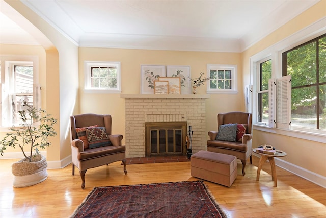 living area with crown molding, a fireplace, and light hardwood / wood-style floors