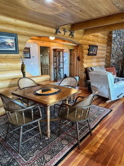 dining area with log walls, wood-type flooring, and wooden ceiling