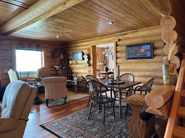 dining room with wood ceiling, wood-type flooring, beamed ceiling, and rustic walls