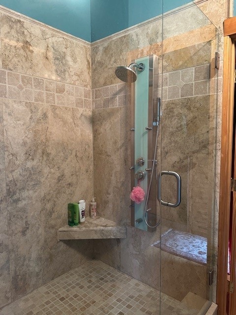 bathroom featuring a shower with shower door