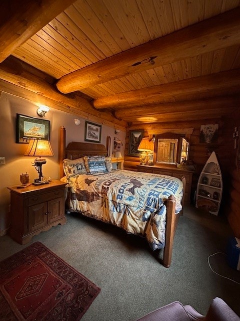 bedroom featuring beam ceiling, carpet, and wood ceiling