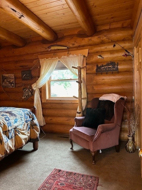 bedroom featuring carpet, beamed ceiling, wooden ceiling, and rustic walls