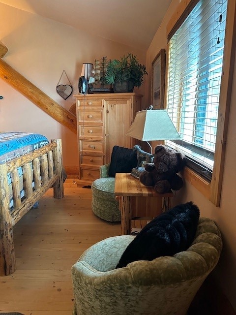 living area with vaulted ceiling and light hardwood / wood-style flooring