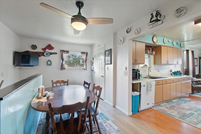 dining room with ceiling fan, light hardwood / wood-style floors, sink, and a textured ceiling