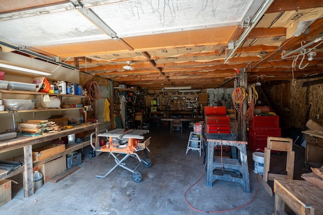 basement with a workshop area