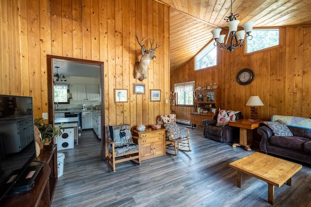 living room with wooden walls, a notable chandelier, high vaulted ceiling, wooden ceiling, and a baseboard heating unit