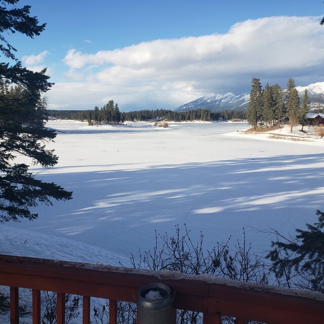 water view with a boat dock and a mountain view