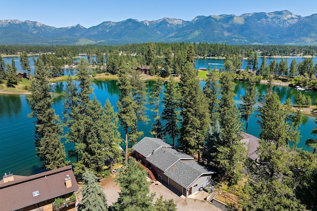 birds eye view of property with a forest view and a water and mountain view