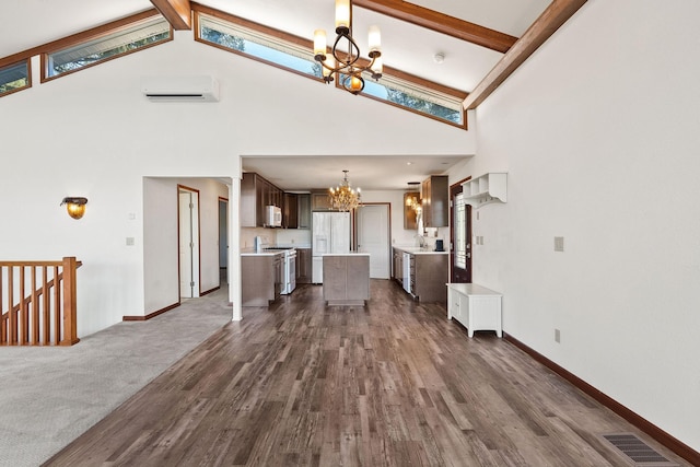 unfurnished living room featuring visible vents, beamed ceiling, a wall mounted air conditioner, high vaulted ceiling, and a notable chandelier