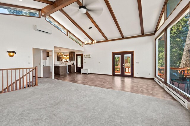 office space featuring brick wall, carpet flooring, and a wood stove