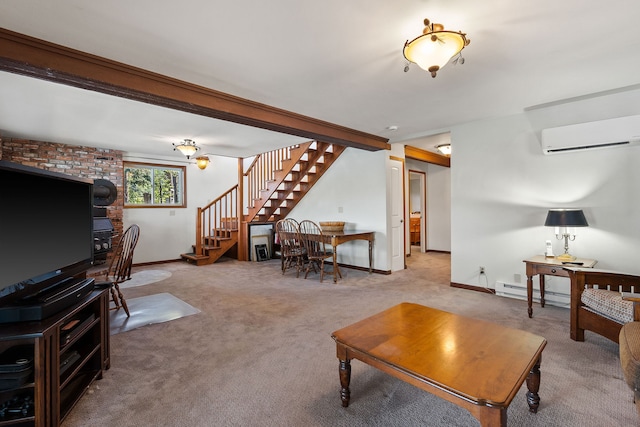 living room featuring an AC wall unit, a baseboard heating unit, and light colored carpet