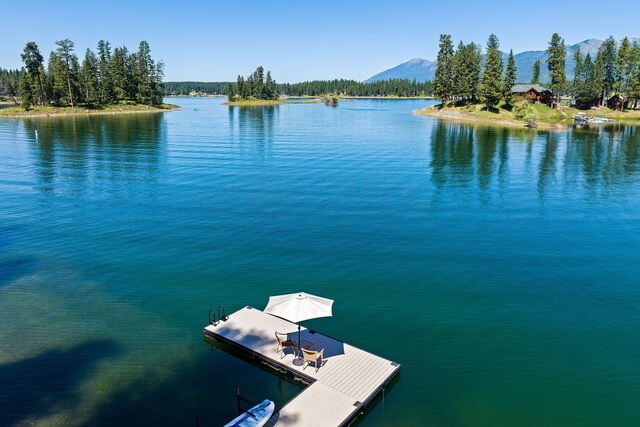 drone / aerial view featuring a water and mountain view