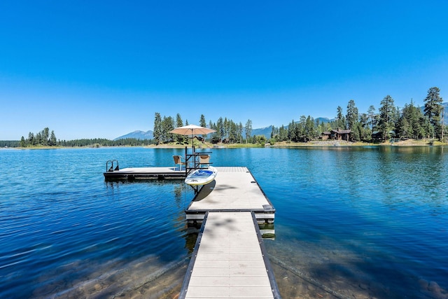 view of dock with a water and mountain view