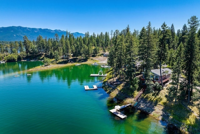 drone / aerial view featuring a water and mountain view