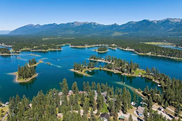 drone / aerial view featuring a water and mountain view