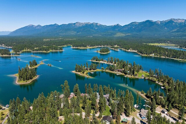 aerial view featuring a water and mountain view